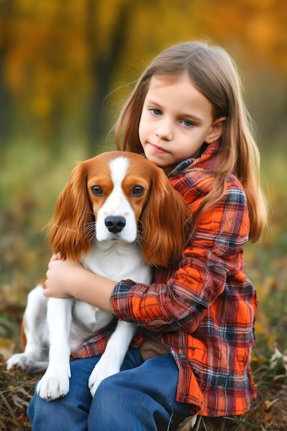 Portrait d'une petite fille se liant à son chien à l'extérieur créé avec l'IA générative