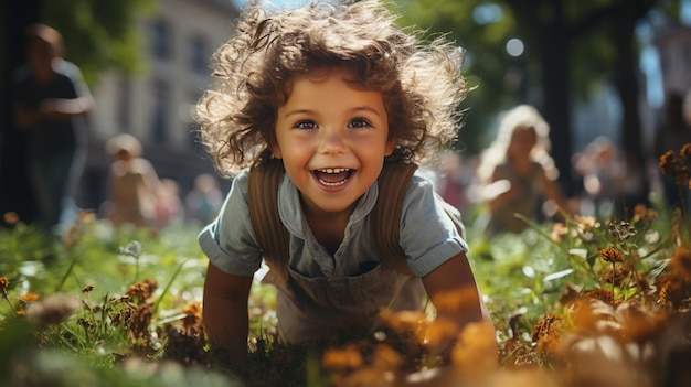 portrait d'une petite fille souriante jouant avec des feuilles d'automne sur fond d'arbres dans le parc