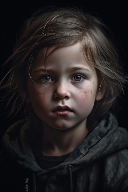 Un portrait d'une petite fille avec des taches de rousseur et un fond noir.