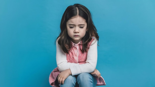 Portrait d'une petite fille triste assise isolée sur un fond bleu de studio comment c'est d'être autiste