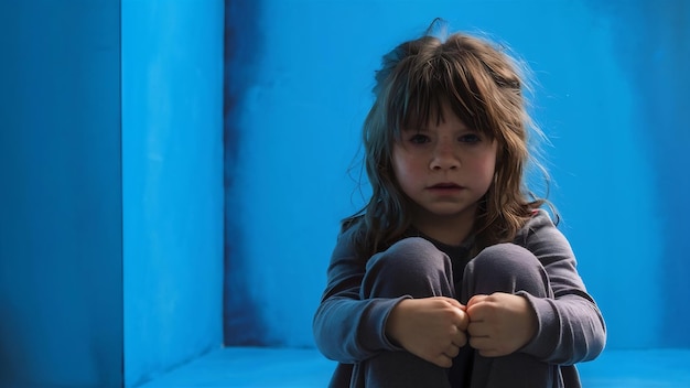 Portrait d'une petite fille triste assise isolée sur un fond bleu de studio comment c'est d'être autiste