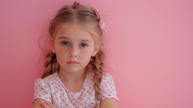 Portrait d'une petite fille triste sur un fond rose pastel