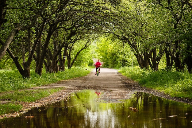 Portrait d'une petite fille à vélo dans un parc d'été à l'extérieur