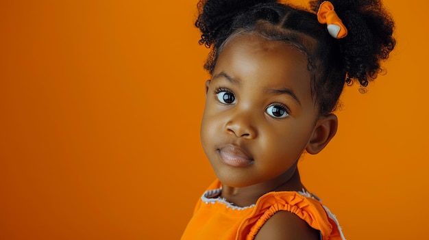 Photo portrait d'une petite fille avec des yeux expressifs sur un fond orange