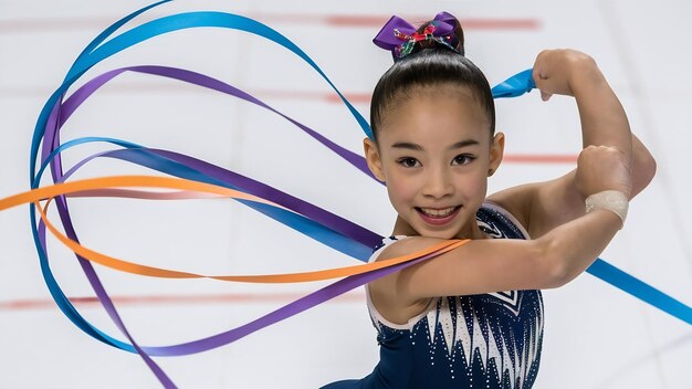 Photo portrait d'une petite gymnaste rythmique sportive isolée sur un fond blanc.