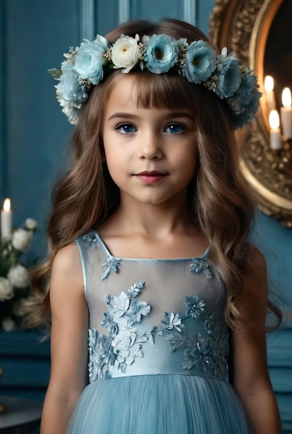 Portrait d'une petite princesse posant dans une robe bleu clair avec une couronne de fleurs sur la tête.