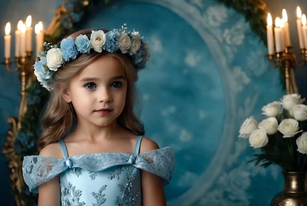 Portrait d'une petite princesse posant dans une robe bleu clair avec une couronne de fleurs sur la tête.