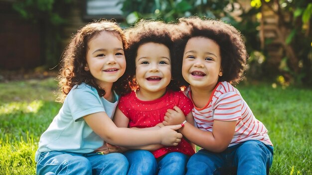 Portrait de petits amis heureux qui s'amusent dans la cour trois petits amis mignons qui se câlinent et jouent