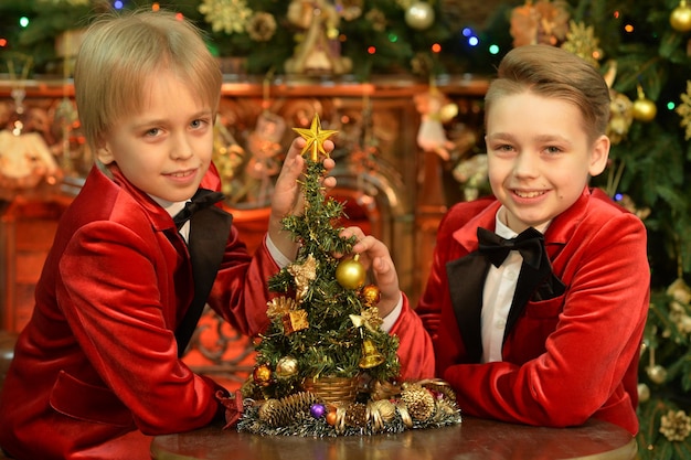 Portrait de petits garçons posant avec l'arbre de Noël