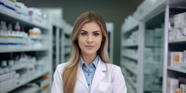 Portrait de pharmacie d'une belle pharmacienne caucasienne professionnelle utilise une tablette numérique