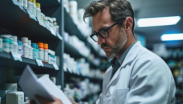 Portrait d'un pharmacien adulte écrivant une ordonnance debout dans une pharmacie