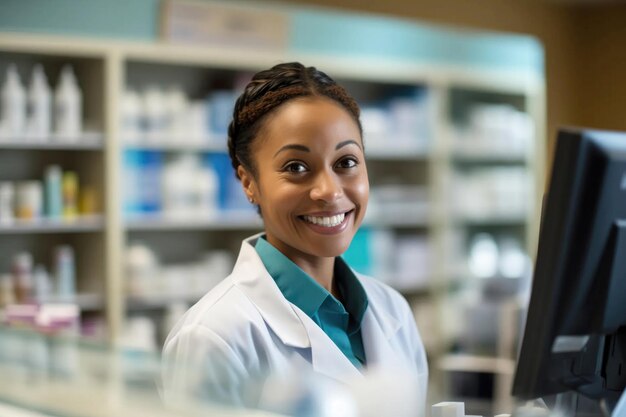 Portrait d'un pharmacien afro-américain souriant dans une pharmacie