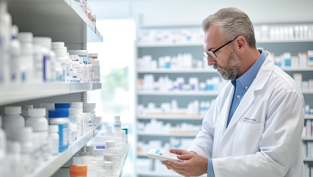 Photo portrait d'un pharmacien debout devant des étagères avec des médicaments