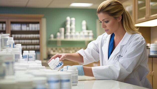 Portrait d'une pharmacienne au travail dans une pharmacie