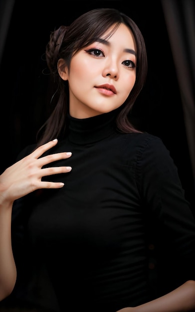 Portrait photo d'une adolescente asiatique joyeuse aux cheveux noirs IA générative