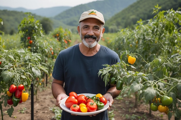 portrait photo d'un agriculteur tenant une caisse pleine de fraises dans une serre