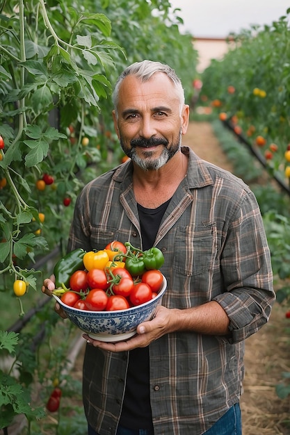 portrait photo d'un agriculteur tenant une caisse pleine de fraises dans une serre