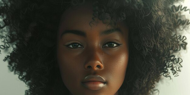 Portrait photo d'une attirante femme africaine aux grands cheveux bouclés