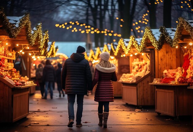 Photo portrait photo d'un beau couple romantique portant des vêtements d'hiver de noël au marché de noël