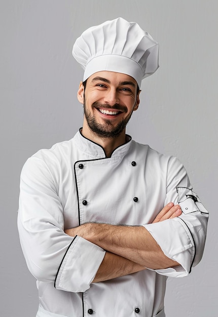 Portrait photo d'un beau jeune chef cuisinier avec les bras croisés et portant un chapeau de chef