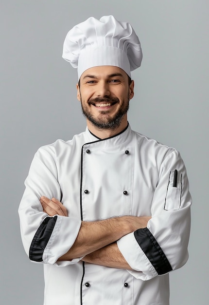 Portrait photo d'un beau jeune chef cuisinier avec les bras croisés et portant un chapeau de chef
