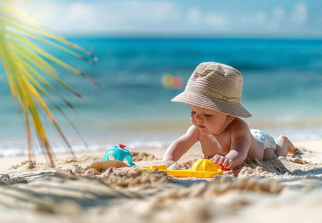 Portrait photo d'un bébé jouant dans l'eau et le sable sur une plage avec des jouets