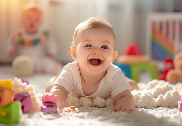 Portrait photo d'un bébé jouant avec des jouets en bois dans une salle de jeux de la maternelle