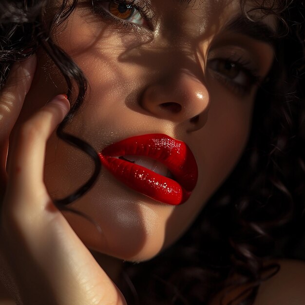 Portrait photo d'une belle femme adulte avec un rouge à lèvres rouge