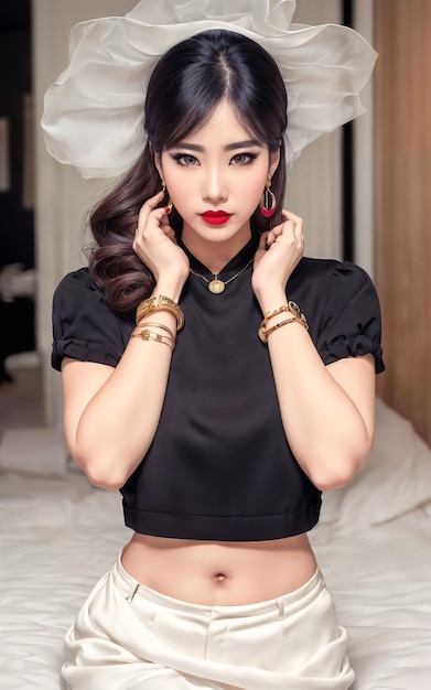 Photo portrait photo d'une belle femme asiatique ludique avec une tenue tendance et des accessoires ia générative