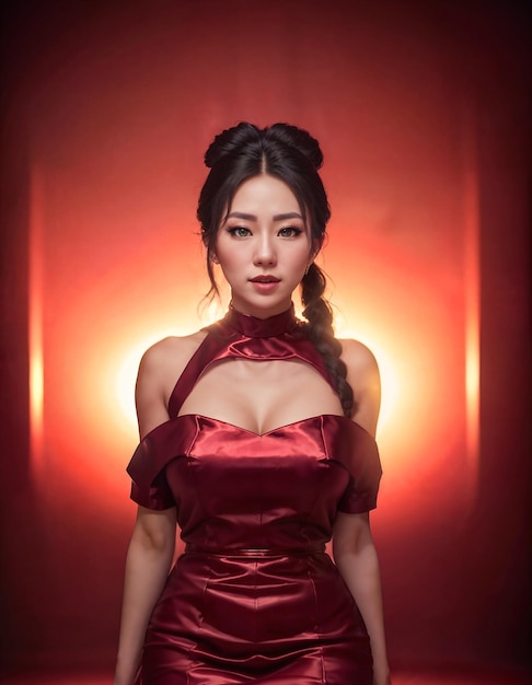 Portrait photo d'une belle femme asiatique en robe dans une salle de luxe nuit AI générative