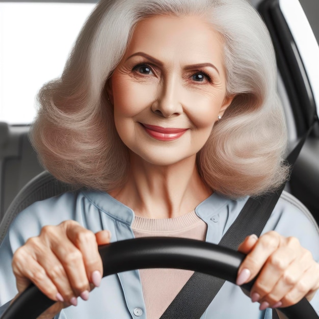 Portrait photo d'une charmante dame âgée tenant le volant leçon de conduite ai générative