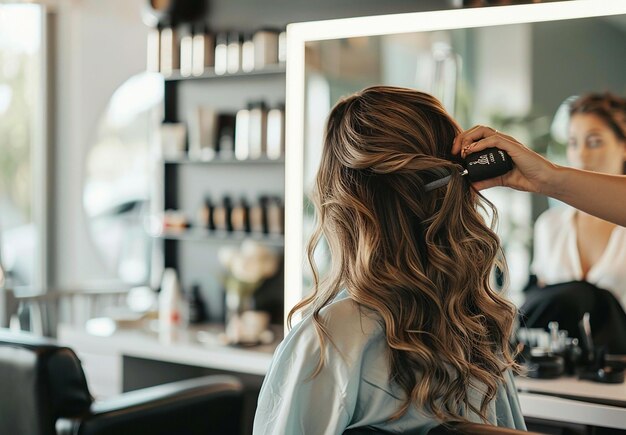 Photo portrait photo d'une coiffeuse coiffant une jeune femme.