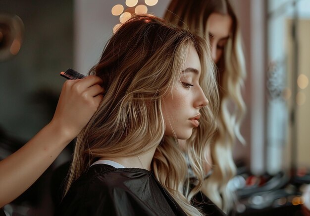 Photo portrait photo d'une coiffeuse coiffant une jeune femme.