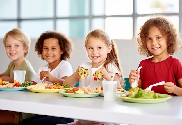 Photo portrait photo de deux enfants assis à une table et mangeant des aliments savoureux