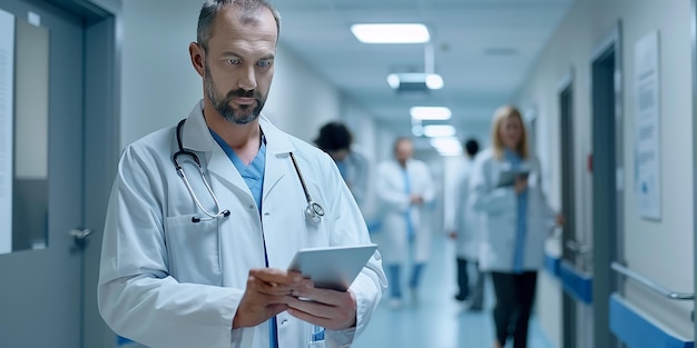 Photo portrait photo d'un docteur beau et déterminé utilisant une tablette numérique pour communiquer