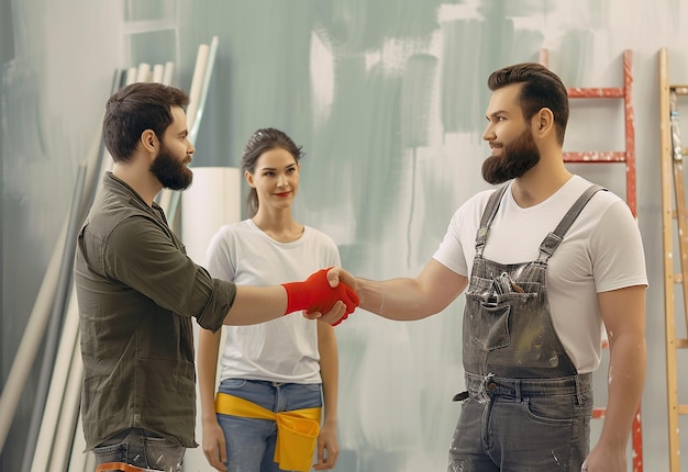 Portrait photo du peintre homme peint un nouveau bâtiment et tient un rouleau porte un uniforme