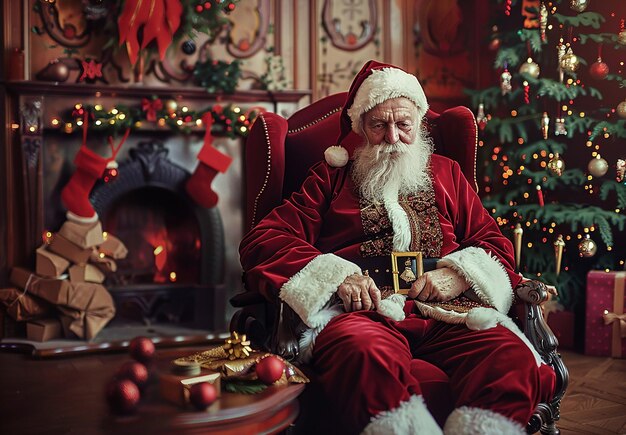 Portrait photo du Père Noël avec fond de Noël et présente des boîtes à cadeaux