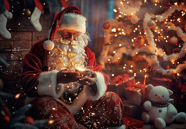 Portrait photo du Père Noël avec fond de Noël et présente des boîtes à cadeaux