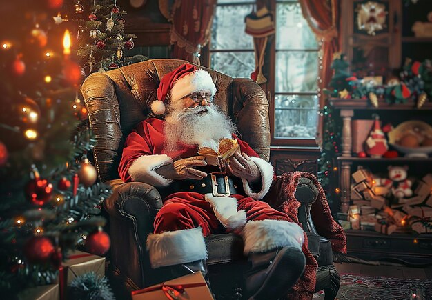 Portrait photo du Père Noël avec fond de Noël et présente des boîtes à cadeaux