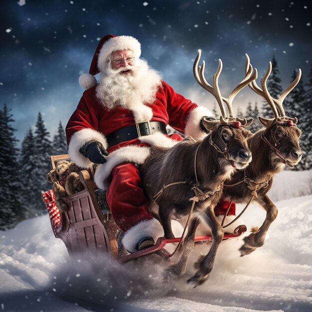 Photo portrait photo du père noël en traîneau de rennes survolant la lune et le ciel de la terre