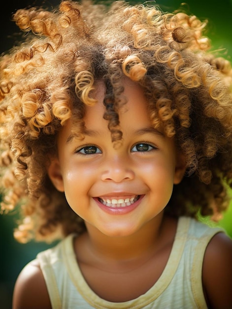 Portrait photo d'un enfant kenyan, cheveux bouclés, souriant