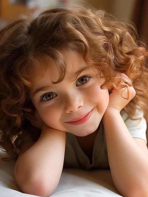 Portrait photo d'un enfant suisse, femme, cheveux bouclés, souriant