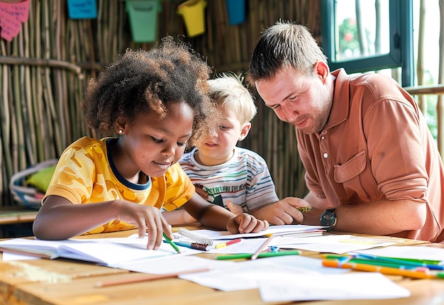 Photo portrait photo d'enfants d'âge préscolaire qui étudient l'apprentissage dans une classe avec un enseignant