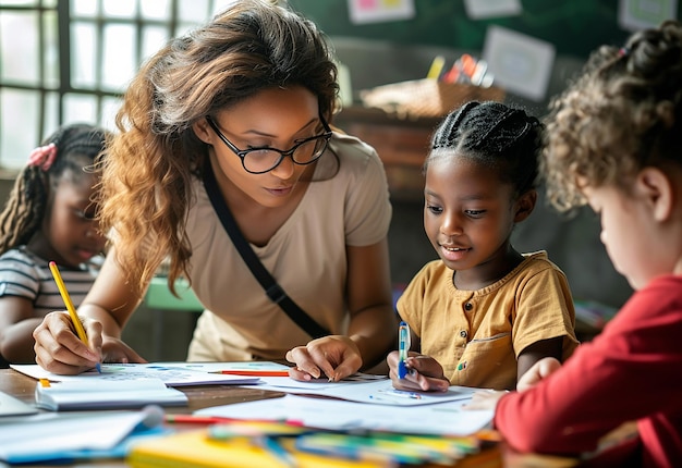 Photo portrait photo d'enfants d'âge préscolaire qui étudient l'apprentissage dans une classe avec un enseignant