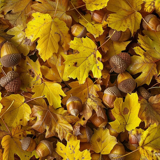 Portrait photo d'un ensemble de feuilles jaunes tombées et de glands