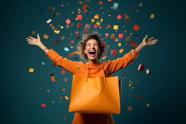 Photo portrait photo d'une femme heureuse et souriante tenant un sac d'achat