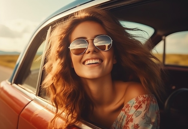 Portrait photo d'une femme qui sort de la fenêtre de la voiture pendant qu'elle conduit une voiture dans la nature estivale