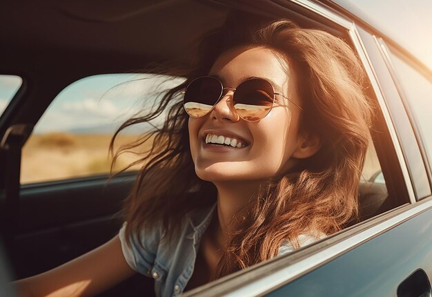 Portrait photo d'une femme qui sort de la fenêtre de la voiture pendant qu'elle conduit une voiture dans la nature estivale