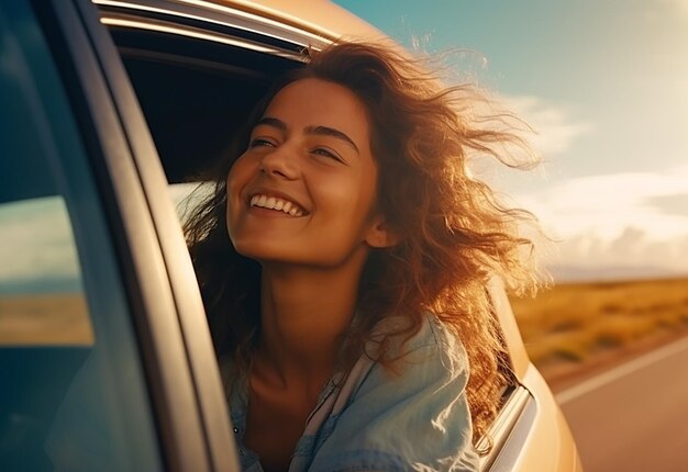 Portrait photo d'une femme qui sort de la fenêtre de la voiture pendant qu'elle conduit une voiture dans la nature estivale