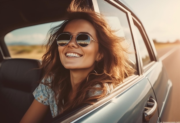 Portrait photo d'une femme qui sort de la fenêtre de la voiture pendant qu'elle conduit une voiture dans la nature estivale